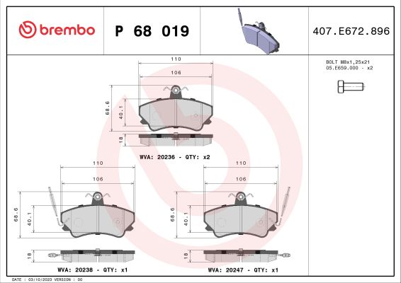 A.B.S. P 68 019 BREMBO Bremsbelagsatz, Scheibenbremse